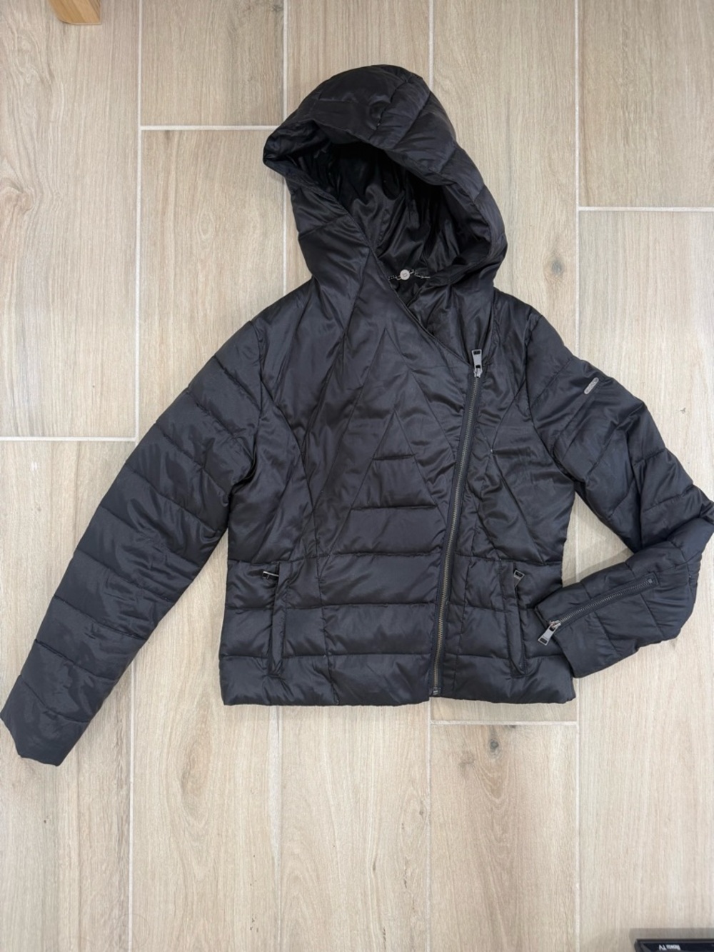bebe Black Hooded Asymmetrical Quilted Puffer Jacket